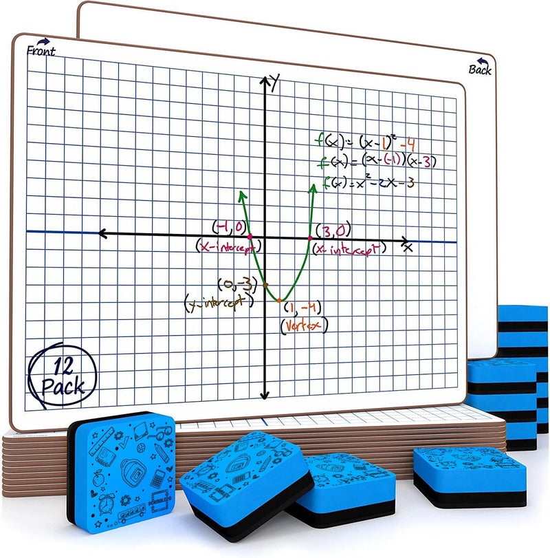 Scribbledo 12 pack Dry Erase XY Axis Graph Lap Boards 9  X 12  for Student and Classroom Use  Math White Board - Double Sided White Boards with 12 Erasers Included - Image 1